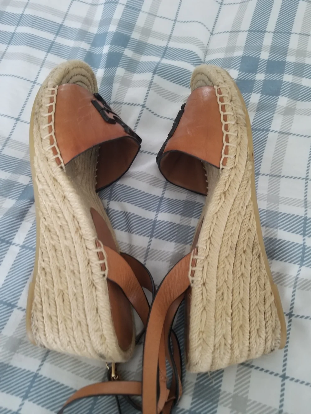 Tory Burch Cognac Leather Logo Espadrille Sandals